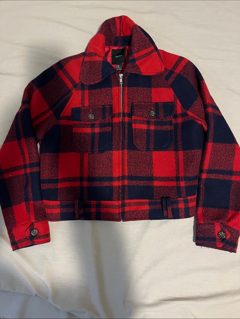 Forever 21 Red and Black Plaid Pea Coat